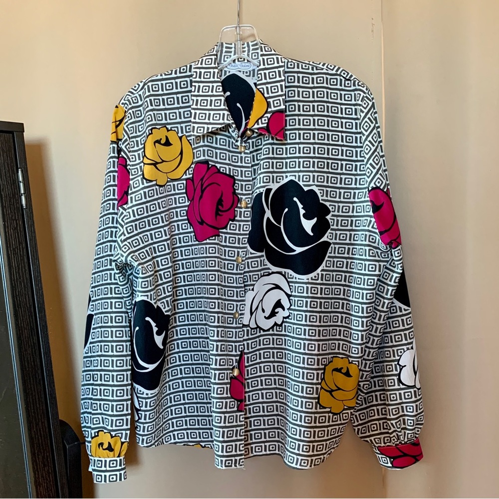 White with Black designs Black Pink White Roses Blouse with Gold Buttons